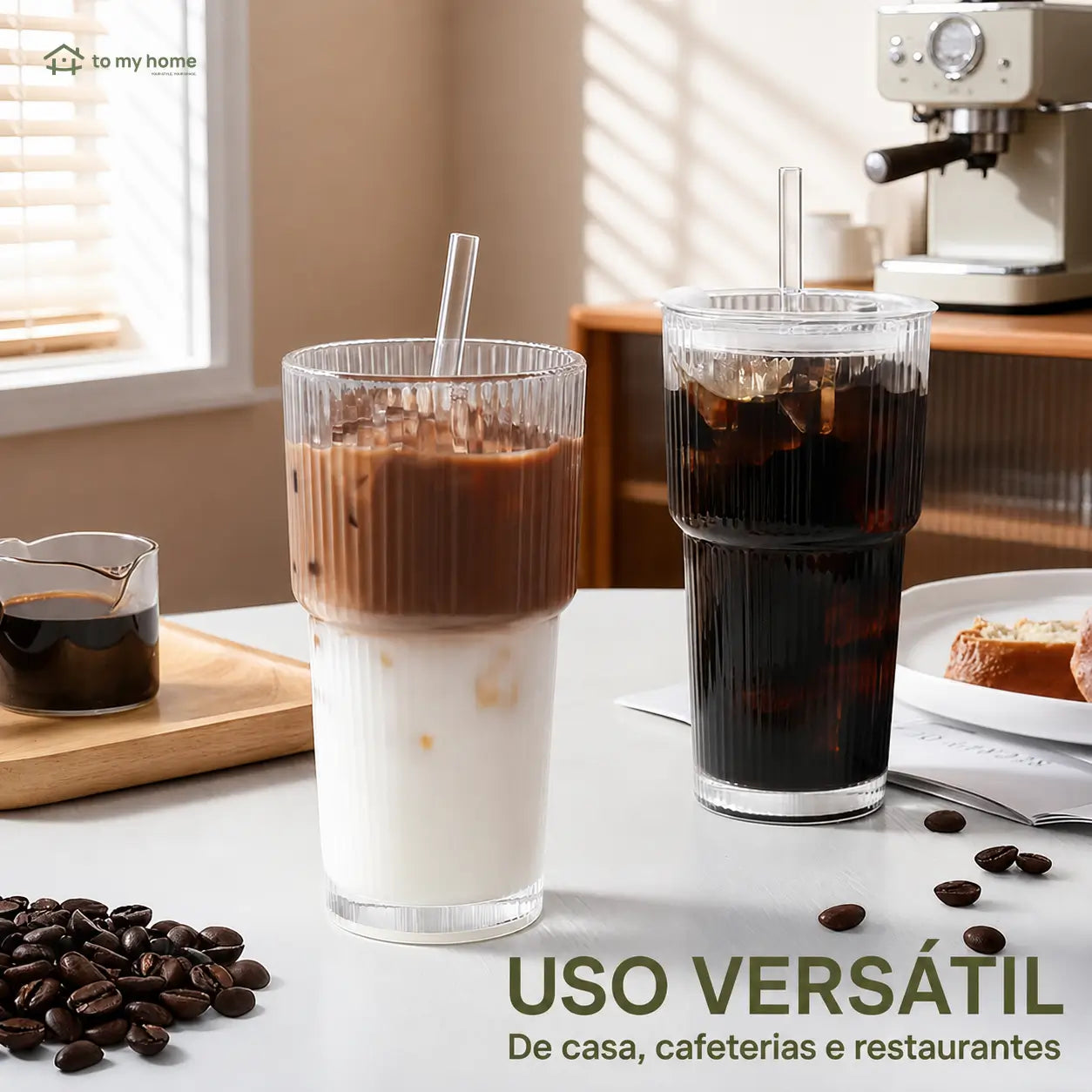 Copo tumbler de vidro canelado com tampa e canudo reutilizável, 562 ml, para café gelado, sucos e smoothies sem vazamentos