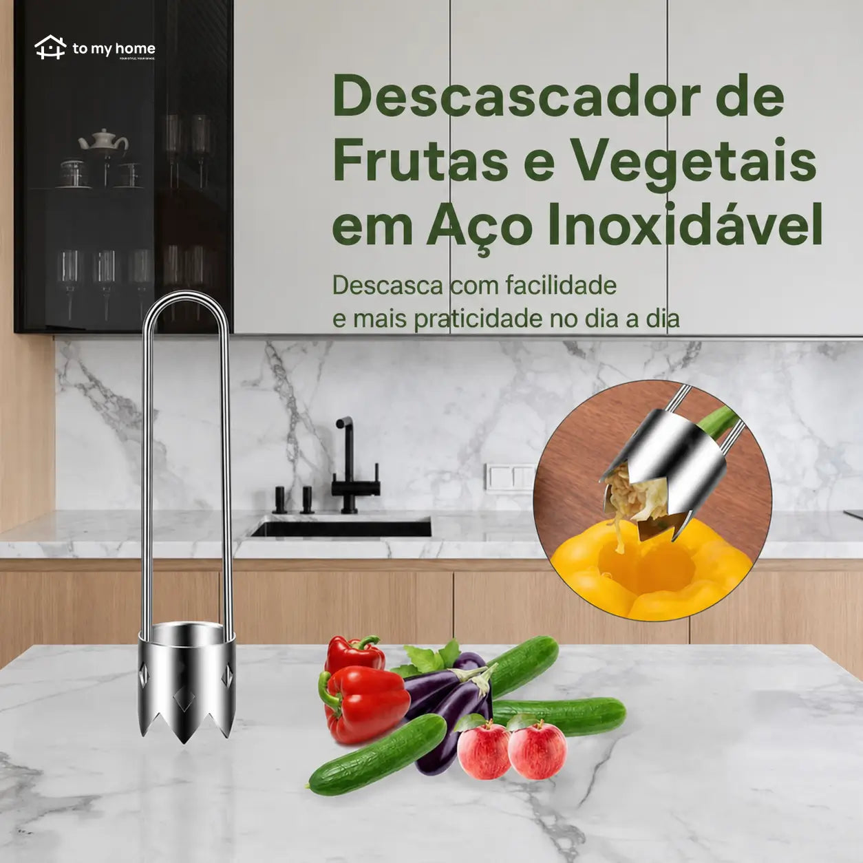 Kit com 2 extratores de miolo em aço inox com cabo ergonômico para pimentão, maçã e legumes no preparo da cozinha doméstica