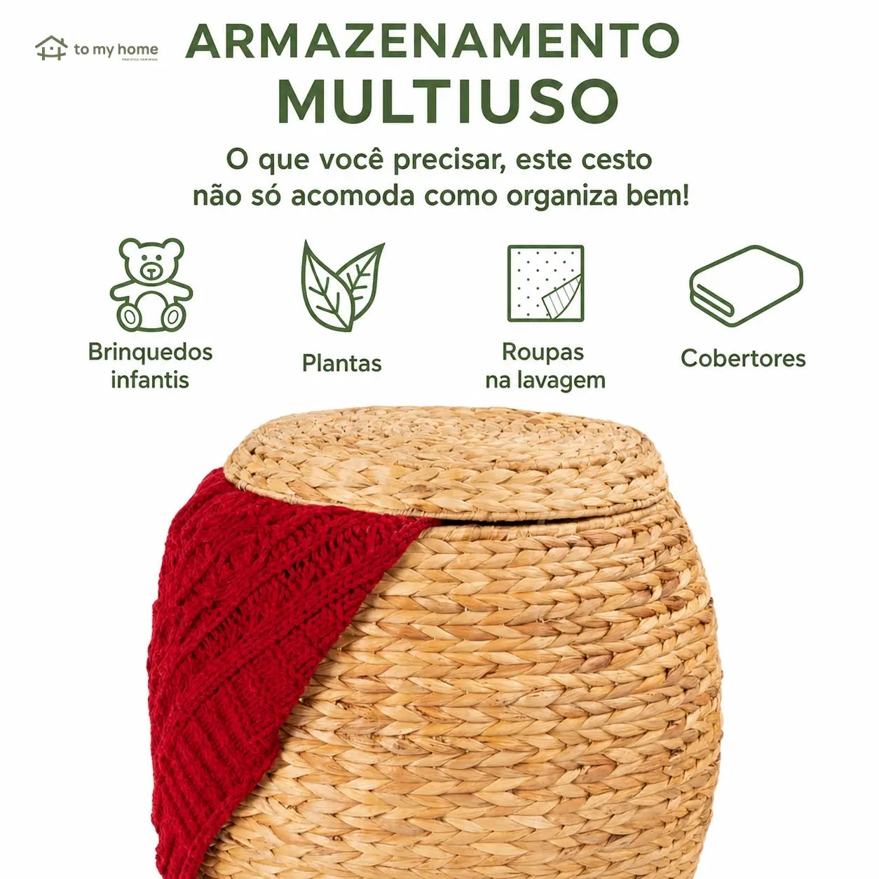Cesto organizador com tampa em fibra natural trançada, estrutura metálica e armazenamento discreto para sala, quarto, brinquedos, mantas e roupas