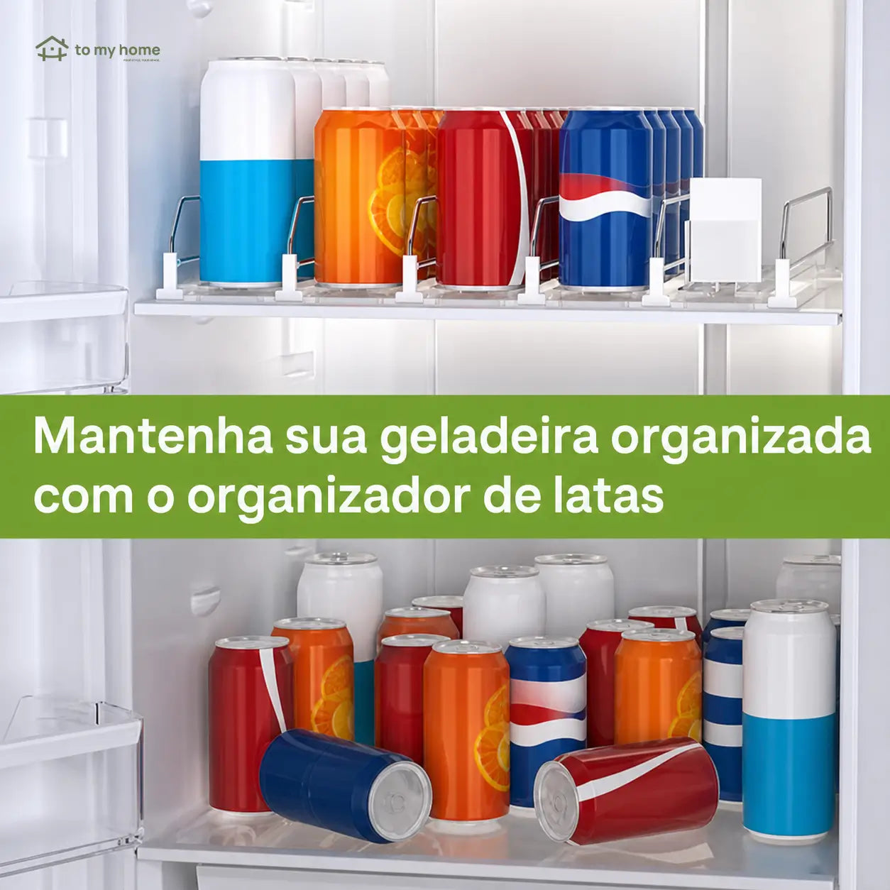 Dispenser de latas para geladeira em plástico reciclado com propulsão automática, organiza refrigerantes e libera espaço nas prateleiras da cozinha diariamente
