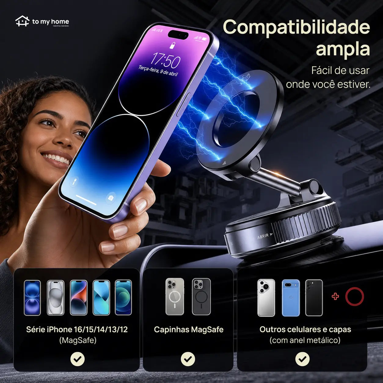Suporte magnético para celular com ventosa a vácuo, rotação 360° e uso dobrável no carro, espelho ou academia