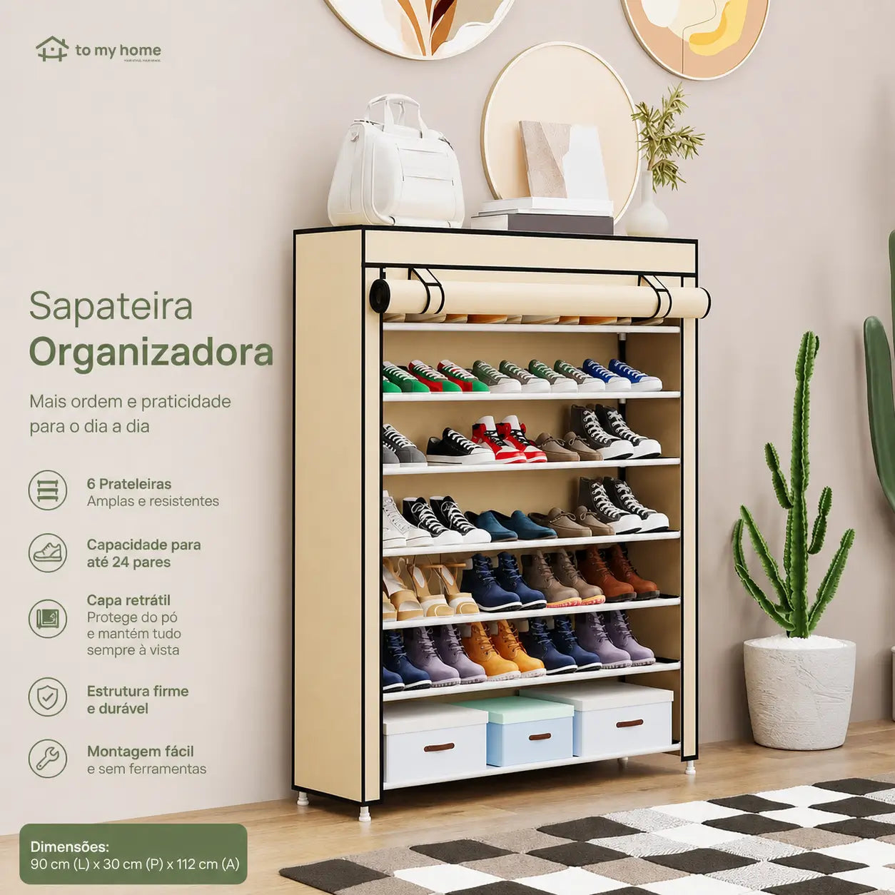 Sapateira vertical de 10 níveis com capa antipoeira e estrutura ajustável para organizar até 27 pares em espaços pequenos da casa