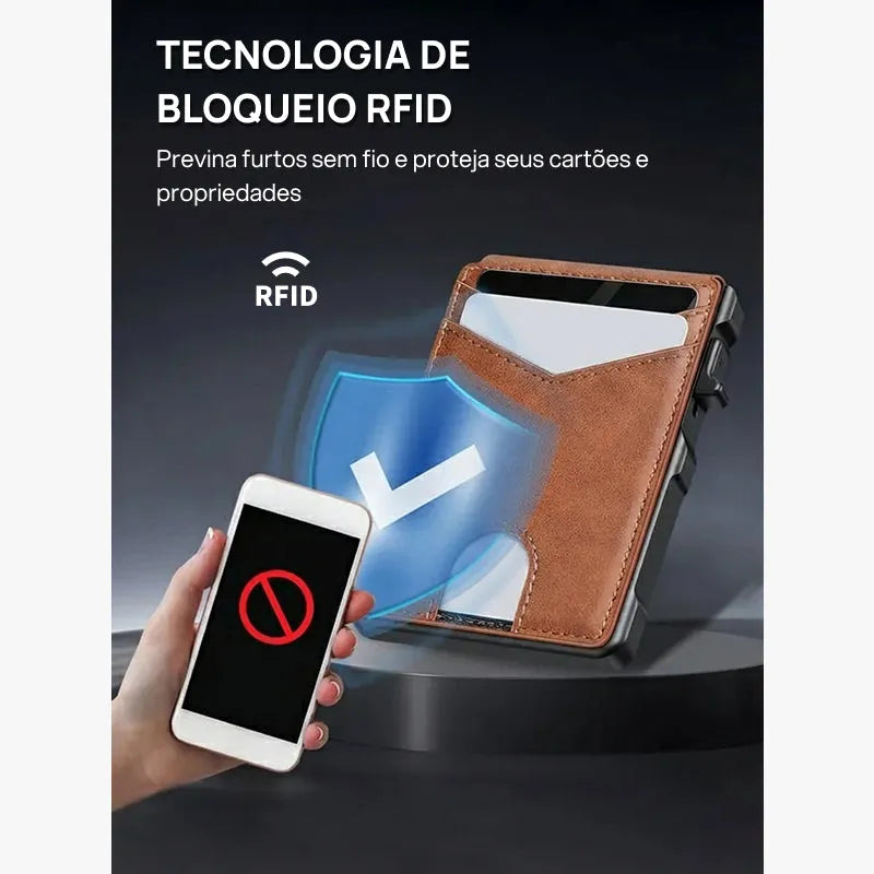 Carteira masculina slim minimalista em alumínio com bloqueio RFID, visor, clip para notas, sistema pop-up, design compacto, segura, elegante e prática