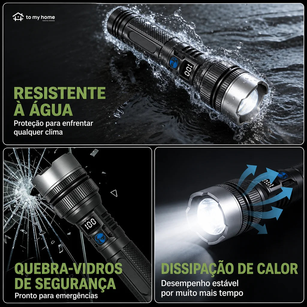 Lanterna LED recarregável 2200 lúmens com power bank, zoom ajustável, visor digital e resistência à água para camping, apagões e emergências