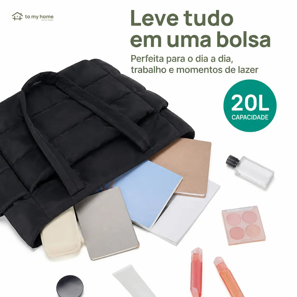 Bolsa tote puffer com porta-notebook e múltiplos compartimentos, ideal para rotina urbana, estudos, academia e viagens com conforto leve e prático