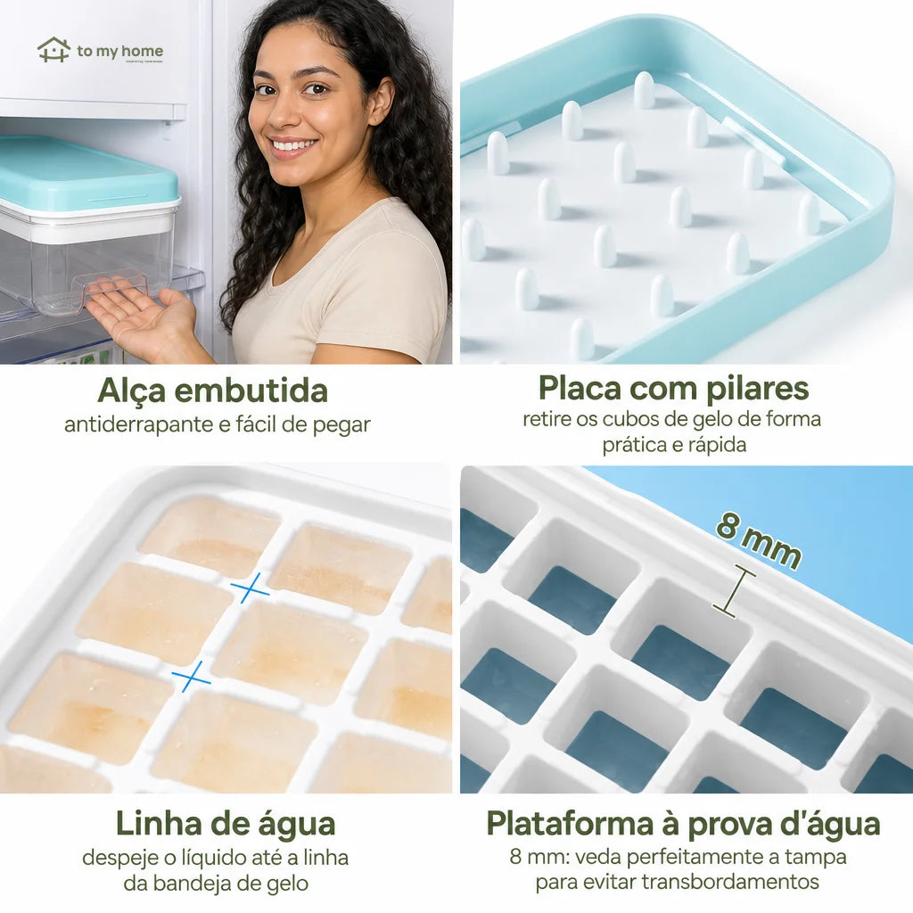 Forma de gelo empilhável com tampa, reservatório e pá para o freezer