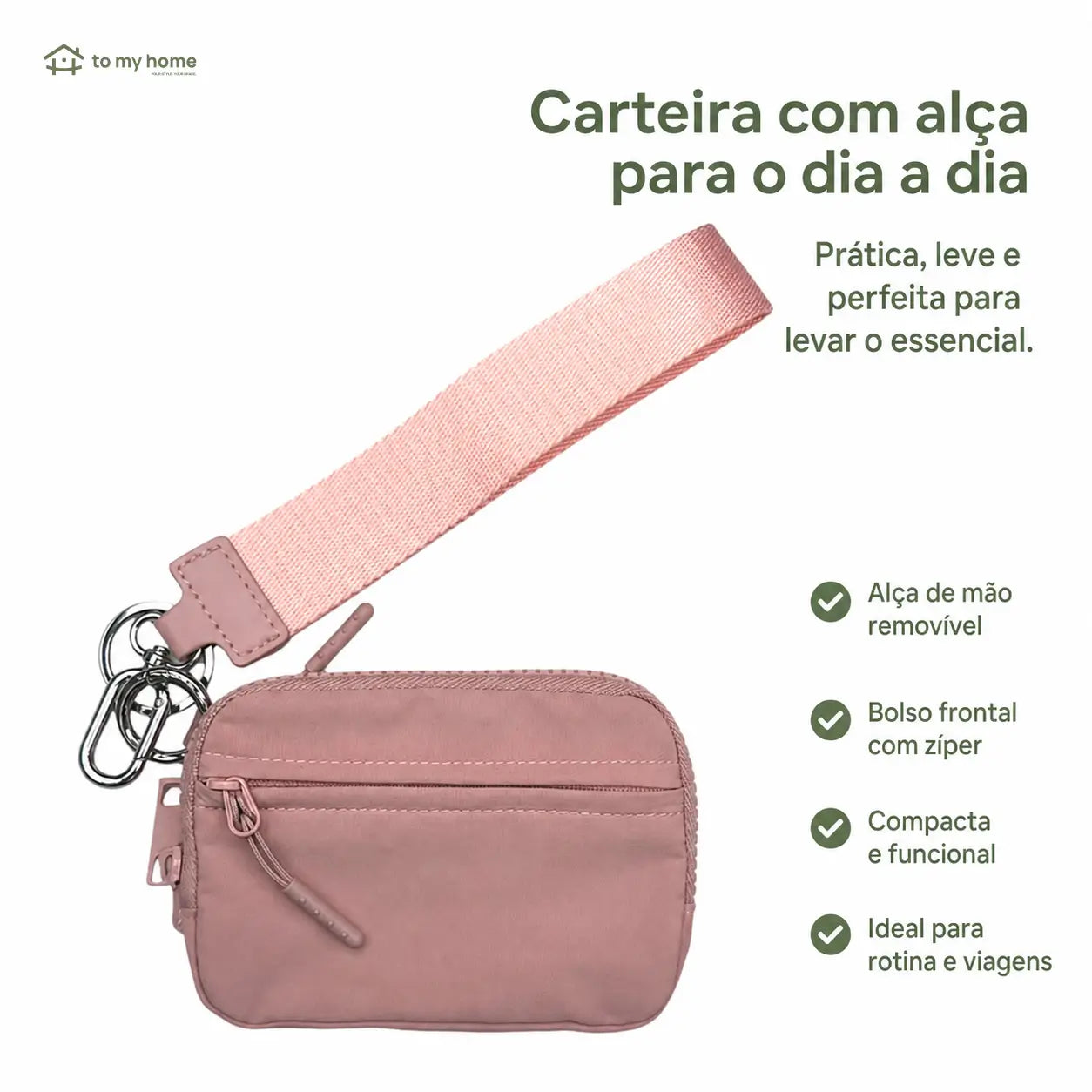 Carteira feminina compacta RFID em nylon com alça de mão, zíper e divisórias para organizar cartões e documentos no dia a dia casual