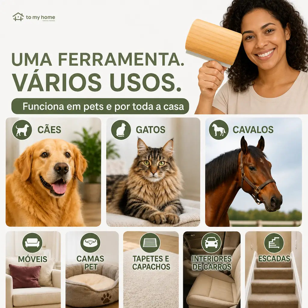 Escova removedora de pelos 15 cm com lâmina inox e cabo de madeira para cães, gatos, sofás, tapetes e caminhas