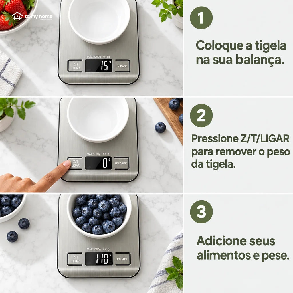 Balança digital de cozinha com tara e precisão de 1 g