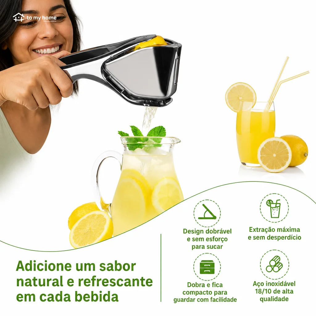 Espremedor manual de limão em aço inox com bico direcionador e pegada ergonômica para sucos, drinks e temperos na cozinha diária