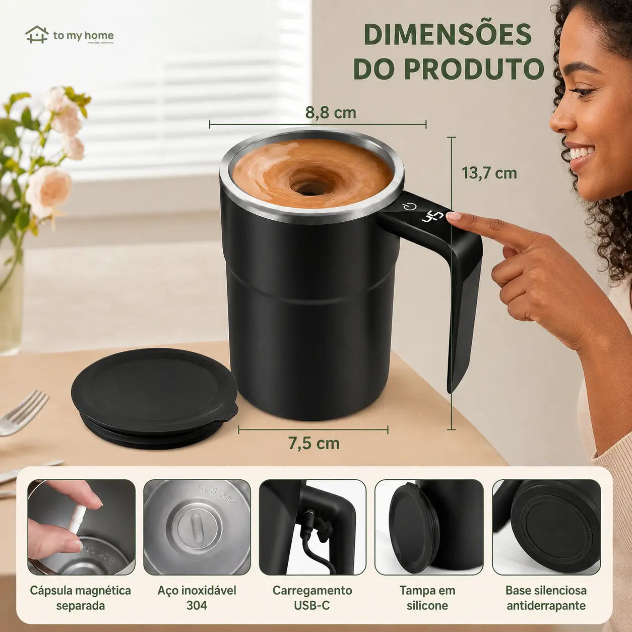 Caneca automática para café com mistura magnética, termômetro LCD e bateria recarregável para bebidas quentes ou frias em casa, escritório ou viagem