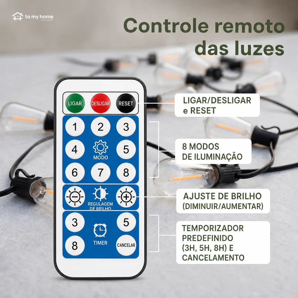 Cordão de luzes solares LED com sensor crepuscular e 8 modos para varanda, jardim e área externa
