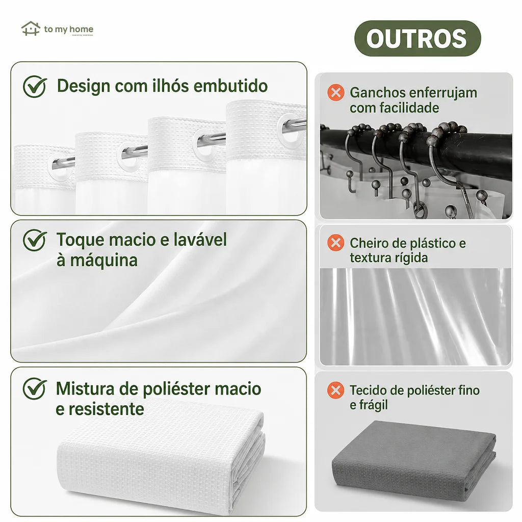 Cortina de banheiro sem ganchos com textura waffle, forro removível impermeável e janela telada para box moderno