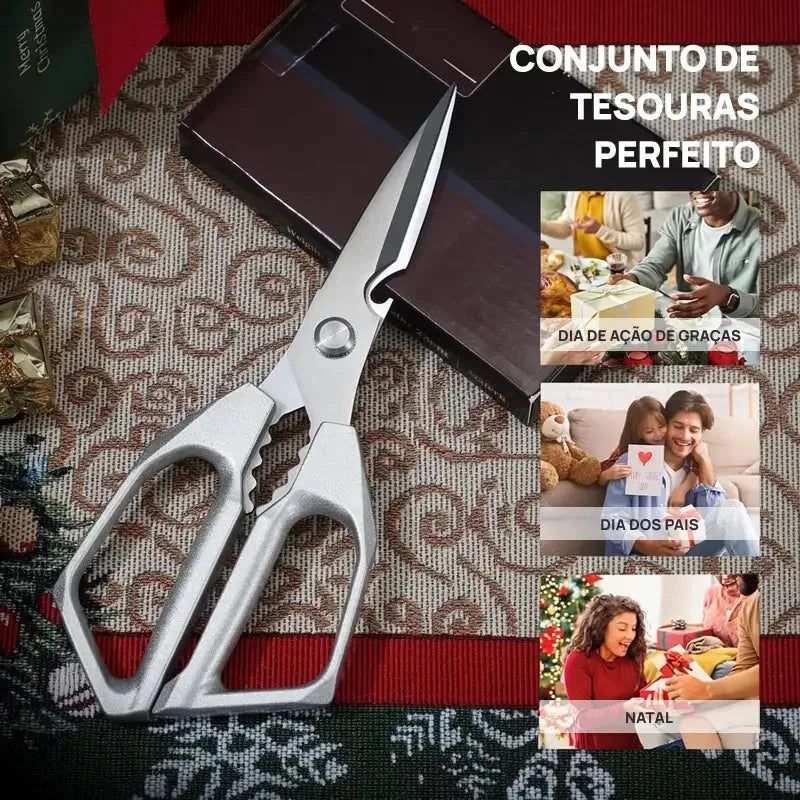 Tesoura de cozinha profissional em aço inoxidável, para carnes aves ossos, cortes precisos, uso culinário multifuncional doméstico ou profissional diário