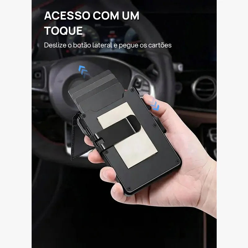 Carteira masculina slim minimalista em alumínio com bloqueio RFID, visor, clip para notas, sistema pop-up, design compacto, segura, elegante e prática