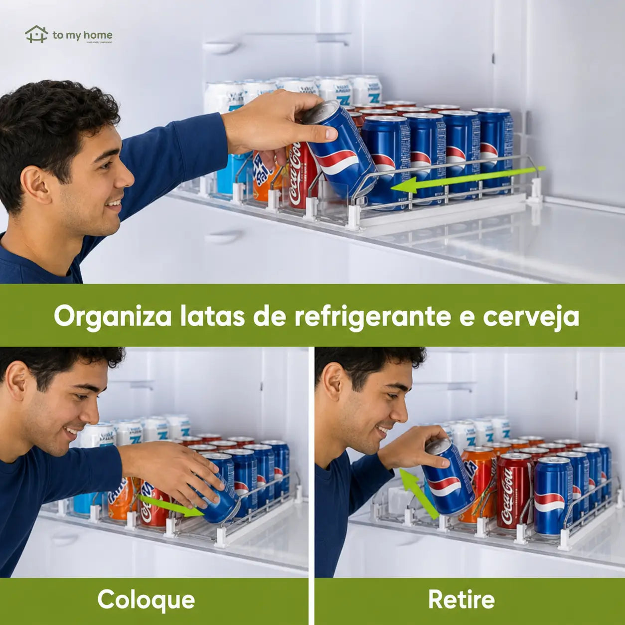 Dispenser de latas para geladeira em plástico reciclado com propulsão automática, organiza refrigerantes e libera espaço nas prateleiras da cozinha diariamente