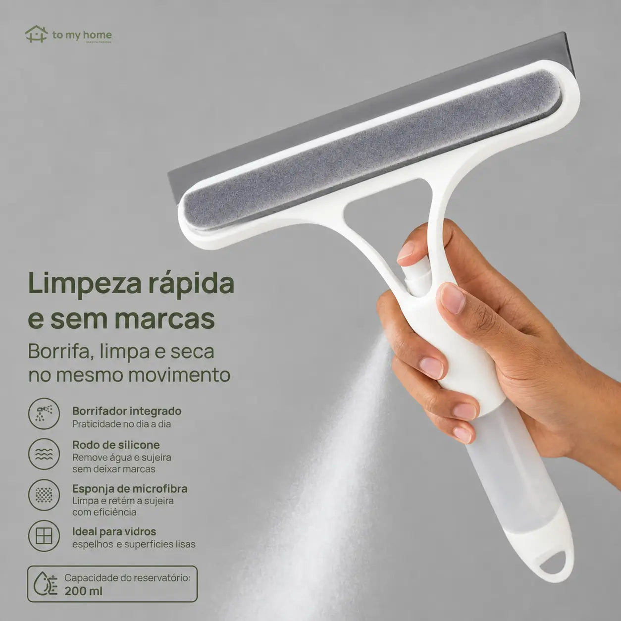 Rodo limpador de vidros 3 em 1 com spray, raspador e microfibra para janelas, para-brisa e bancadas na limpeza diária