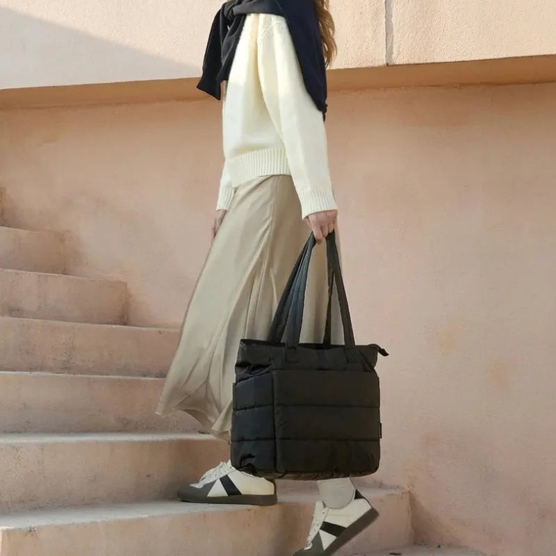 Bolsa Tote Puffy Acolchoada Feminina para Notebook, Trabalho e Viagem, Leve, Espaçosa, Resistente e com Múltiplos Compartimentos