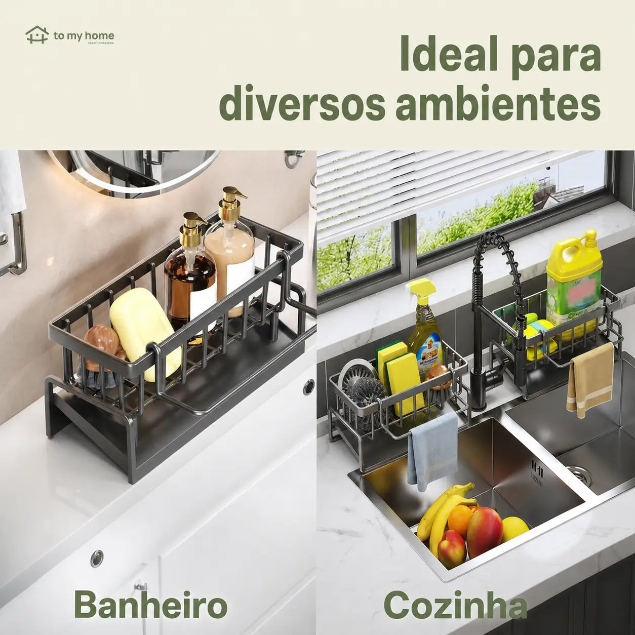 Caddy organizador de pia com porta-esponja, divisória e suporte alto para escova, ideal para cozinha compacta, bancada limpa e utensílios à mão