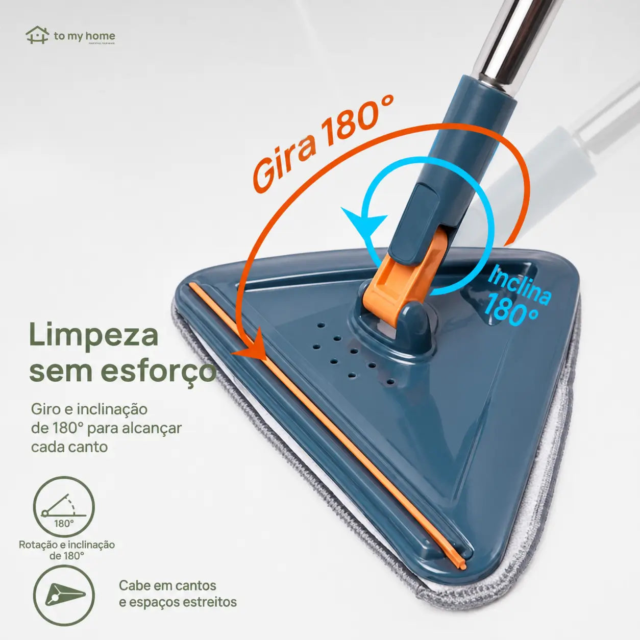 Mop triangular com cabo longo ajustável e rodízio 360° para limpar paredes, ventiladores, vidros, pisos e cantos difíceis