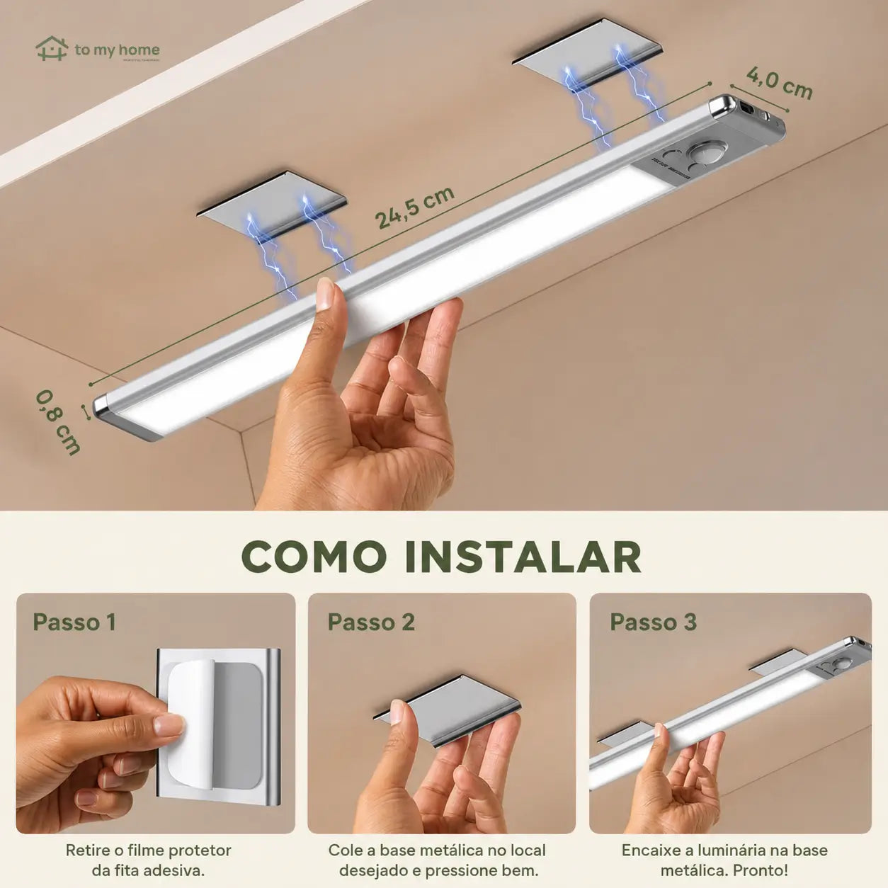 Luminária LED recarregável USB-C com sensor de presença, instalação magnética e brilho ajustável para armários, cozinha e corredor