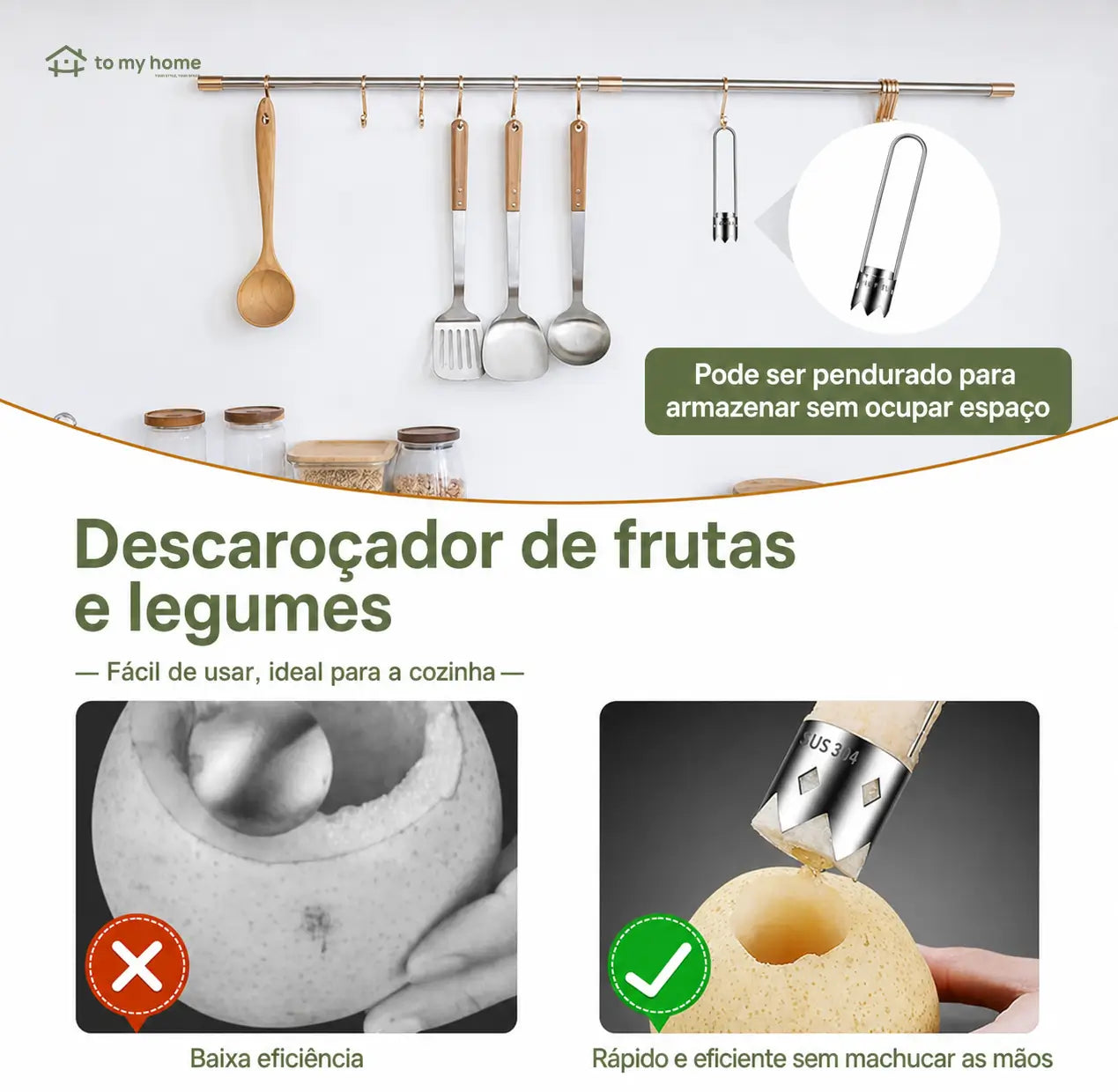 Kit com 2 extratores de miolo em aço inox com cabo ergonômico para pimentão, maçã e legumes no preparo da cozinha doméstica
