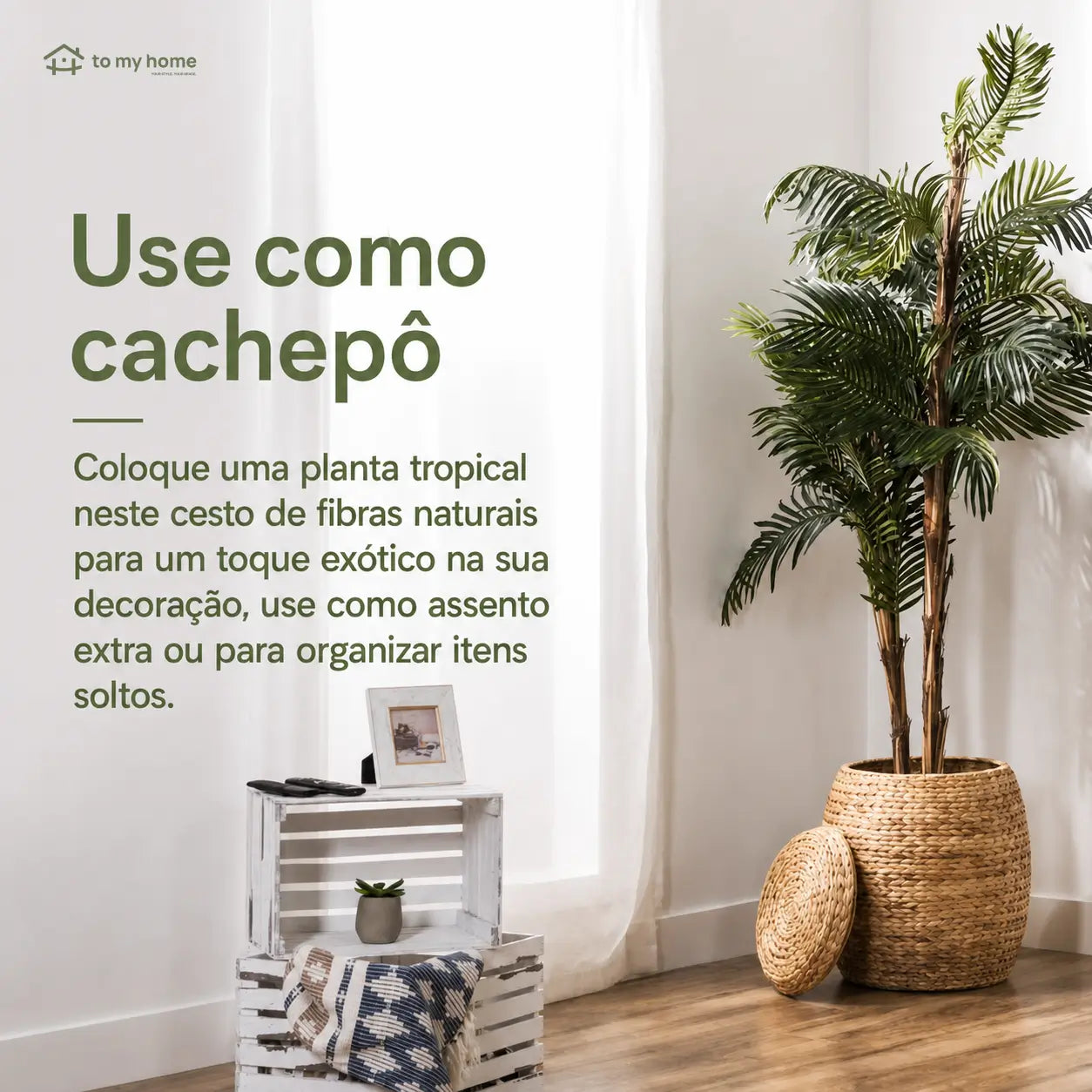Cesto organizador com tampa em fibra natural trançada, estrutura metálica e armazenamento discreto para sala, quarto, brinquedos, mantas e roupas