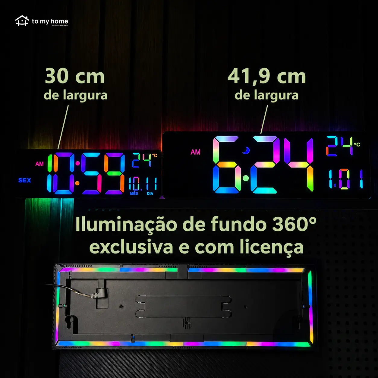 Relógio digital de parede grande com luz RGB, Bluetooth e alarmes duplos para sala, escritório, cozinha e setup gamer