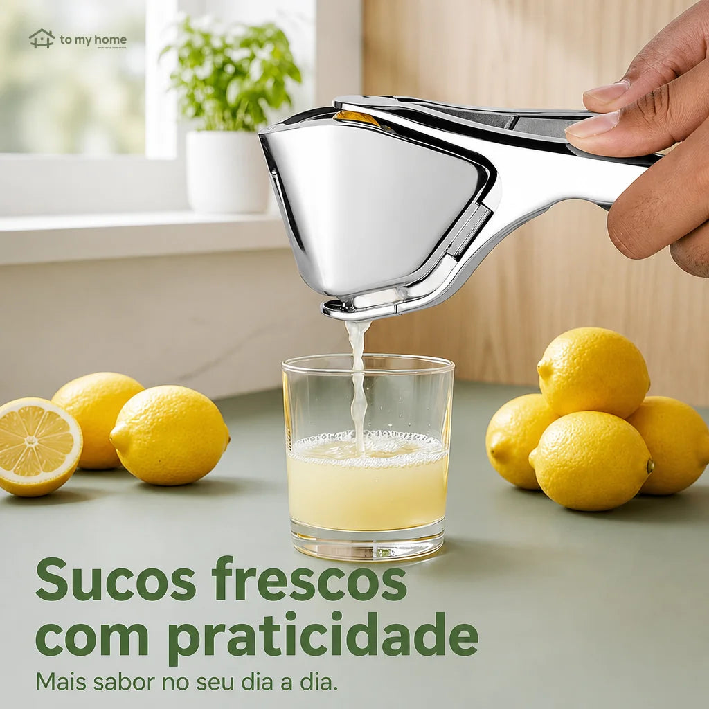 Espremedor manual de limão em aço inox com bico direcionador e pegada ergonômica para sucos, drinks e temperos na cozinha diária