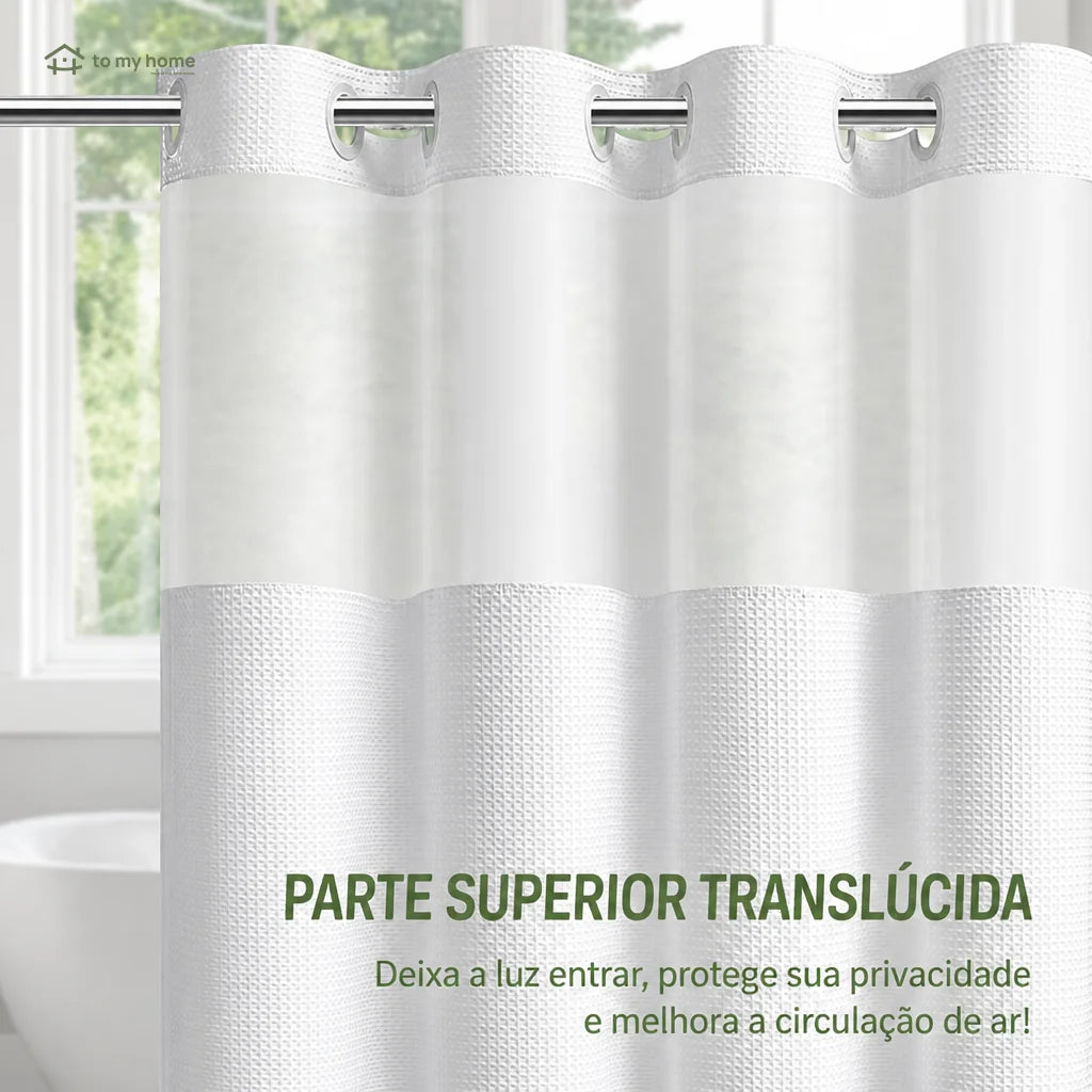 Cortina de banheiro sem ganchos com textura waffle, forro removível impermeável e janela telada para box moderno