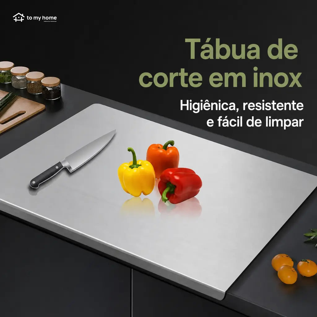Tábua de corte em aço inox 304 antiderrapante, higiênica e impermeável para carnes, legumes e massas na cozinha de casa ou restaurante