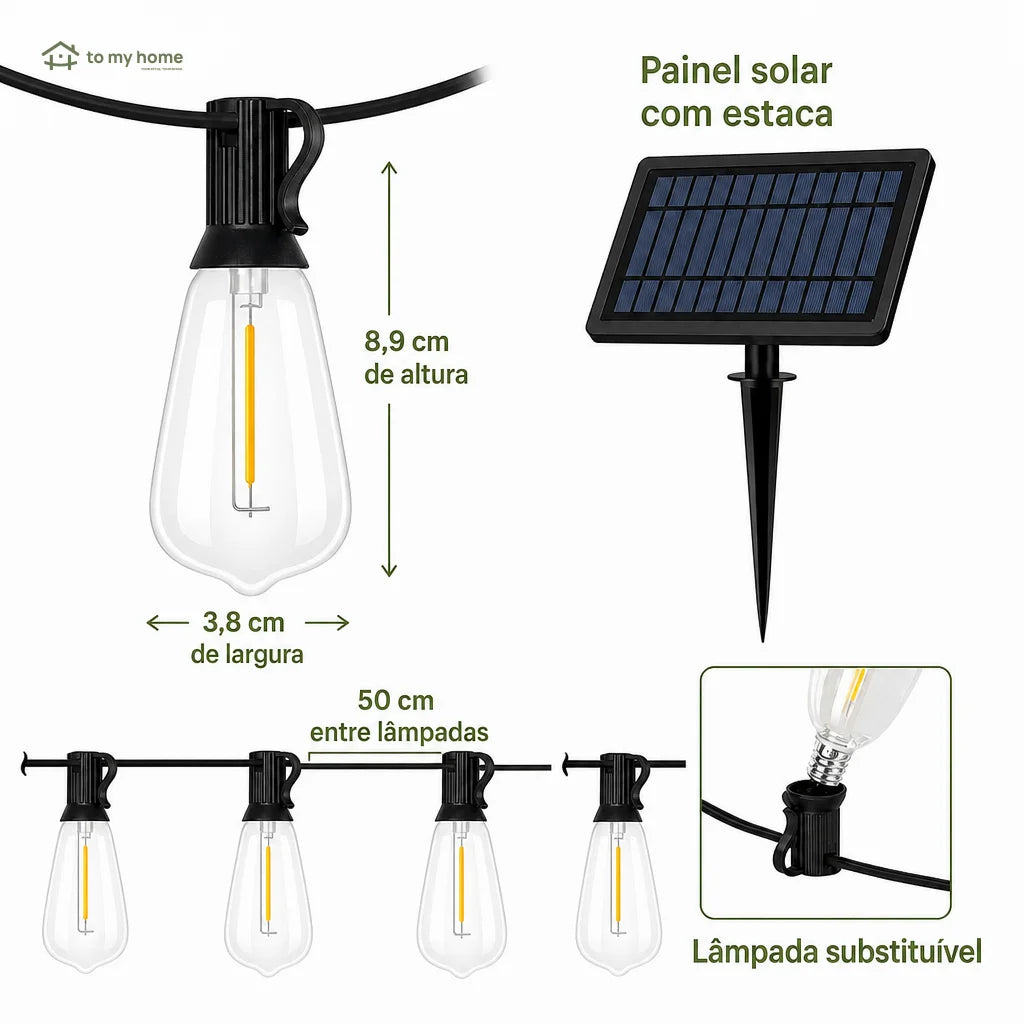 Cordão de luzes solares LED com sensor crepuscular e 8 modos para varanda, jardim e área externa