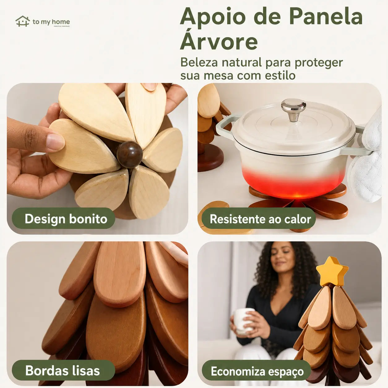 Descanso de panela em madeira maciça com suporte em árvore dobrável e resistente ao calor para pratos, bowls e xícaras quentes