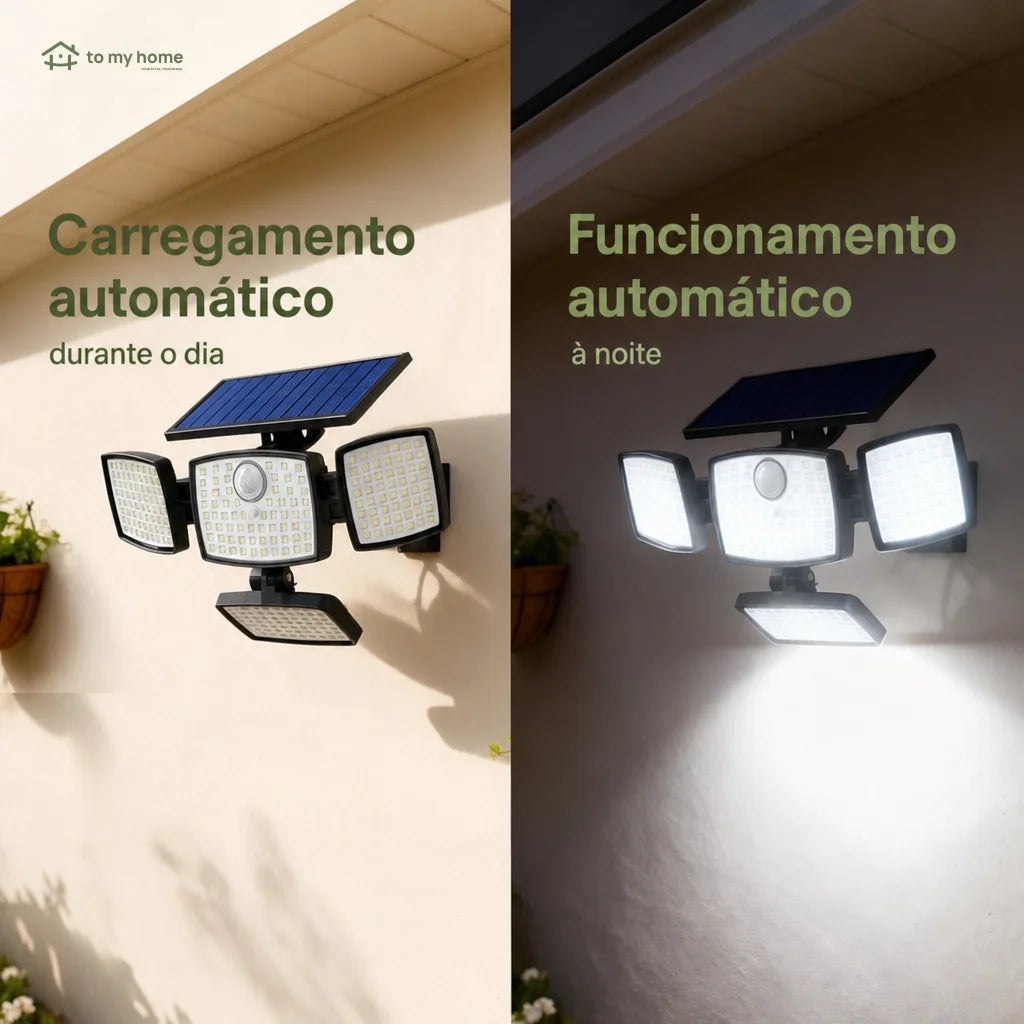 Luminária solar de parede 4500LM com sensor de movimento, controle remoto e 4 cabeças para quintal, jardim e áreas externas seguras