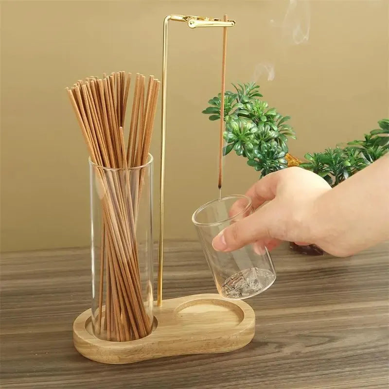 Porta incenso e vela 2 em 1 com base madeira, coletor cinzas vidro, difusor aromático decorativo elegante funcional para casa moderna aconchegante