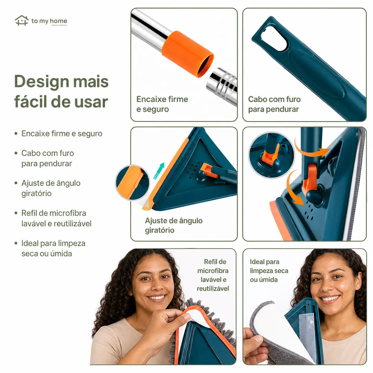 Mop triangular com cabo longo ajustável e rodízio 360° para limpar paredes, ventiladores, vidros, pisos e cantos difíceis