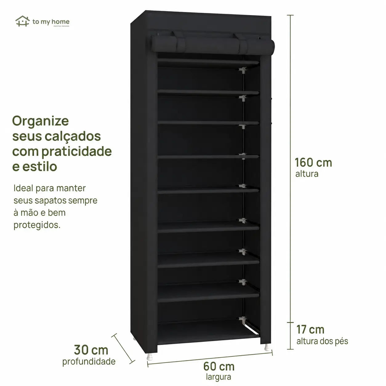 Sapateira vertical de 10 níveis com capa antipoeira e estrutura ajustável para organizar até 27 pares em espaços pequenos da casa