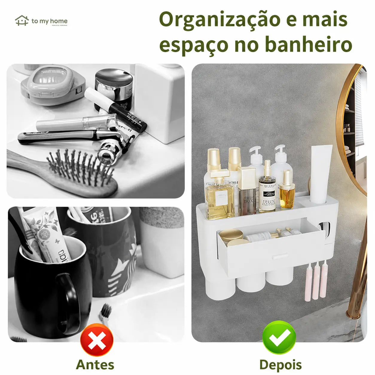 Organizador de escovas de parede com dispenser duplo de pasta, copos magnéticos e bandeja multiuso para banheiro familiar mais organizado prático