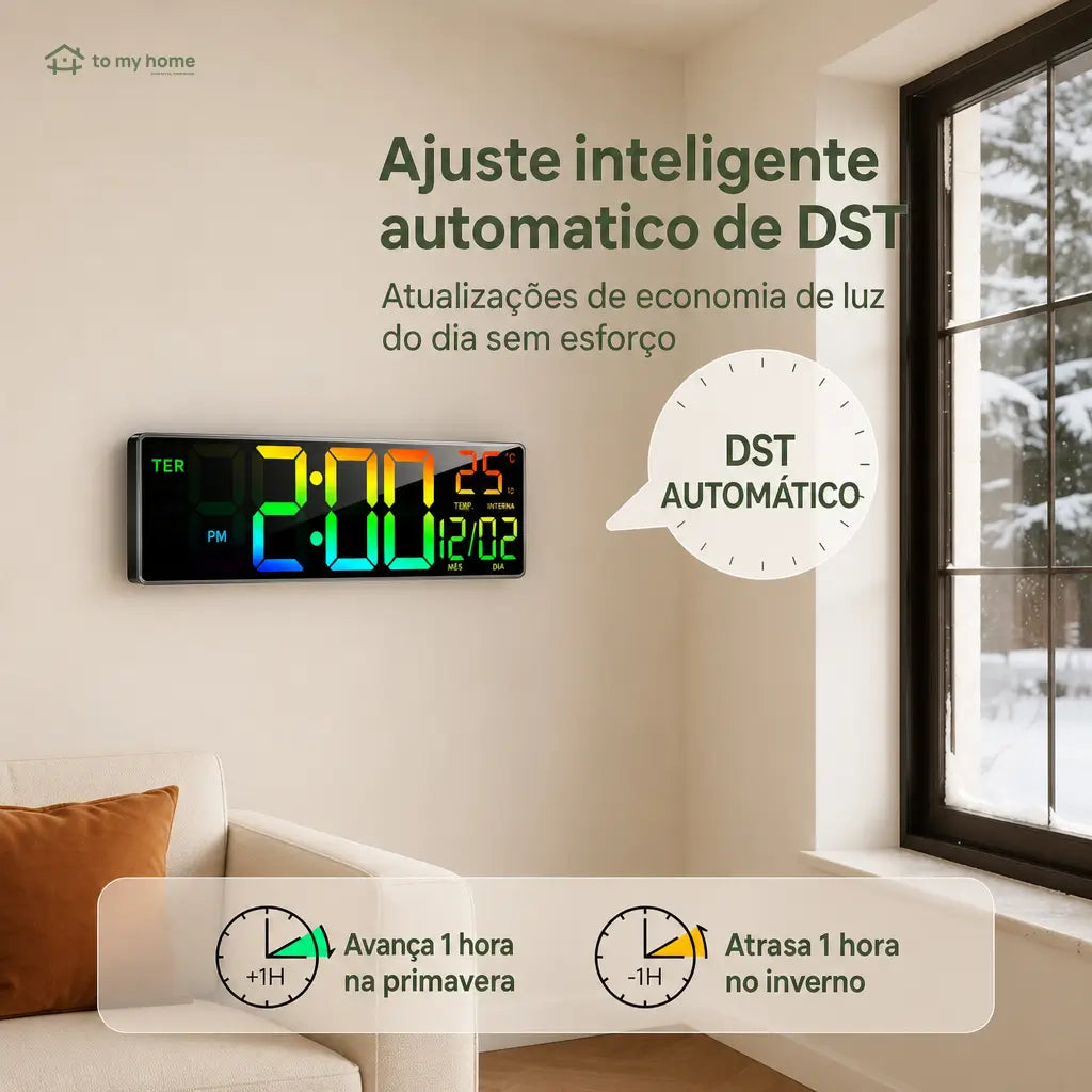 Relógio digital de parede grande com luz RGB, Bluetooth e alarmes duplos para sala, escritório, cozinha e setup gamer