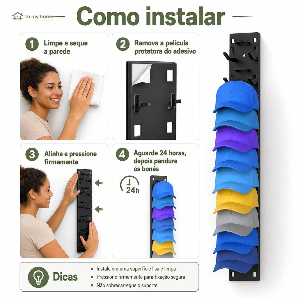 Organizador de bonés de parede com 2 suportes, adesivo ou parafuso, economiza espaço no quarto e closet, comporta 18 bonés