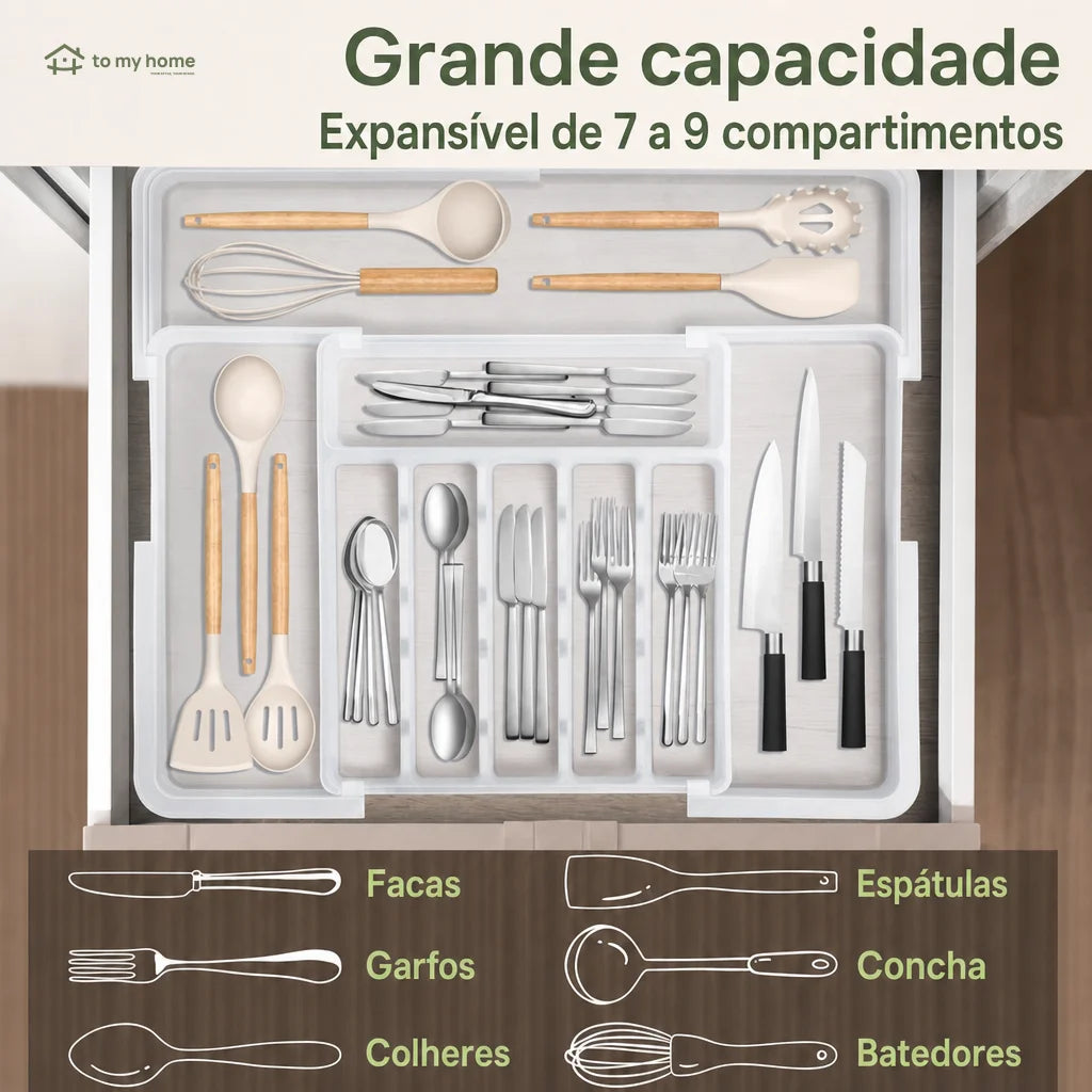 Organizador de talheres expansível com 9 compartimentos para gaveta