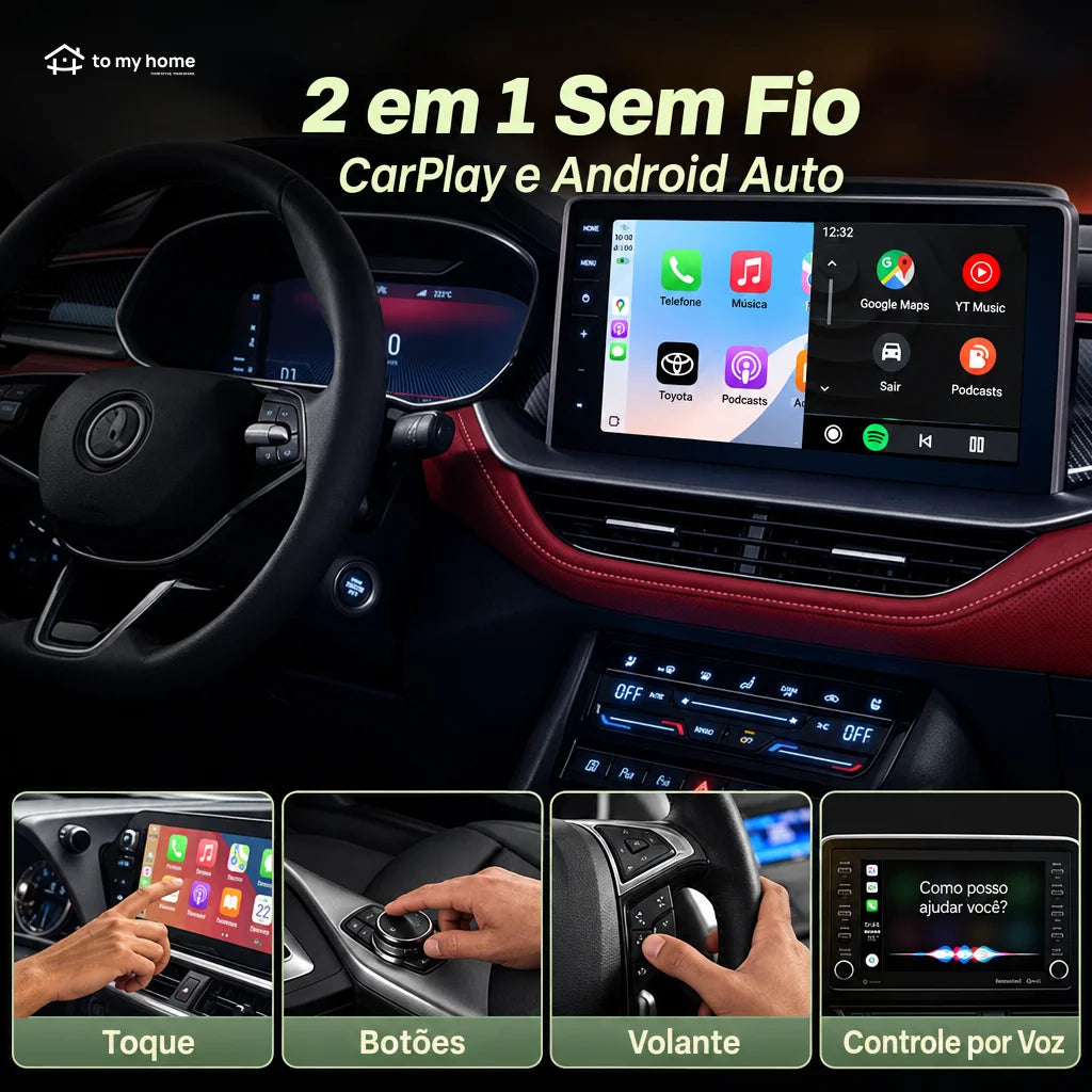 Adaptador CarPlay e Android Auto sem fio com 2 cabos