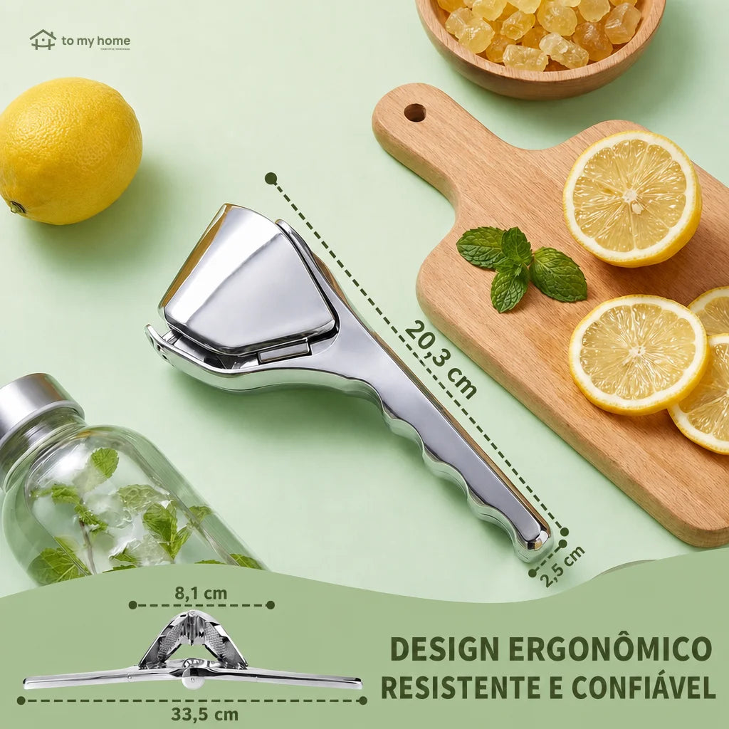 Espremedor manual de limão em aço inox com bico direcionador e pegada ergonômica para sucos, drinks e temperos na cozinha diária