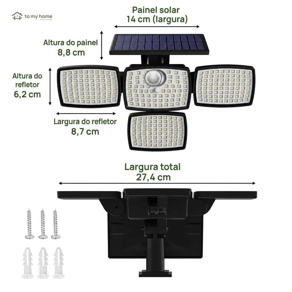 Luminária solar de parede 4500LM com sensor de movimento, controle remoto e 4 cabeças para quintal, jardim e áreas externas seguras