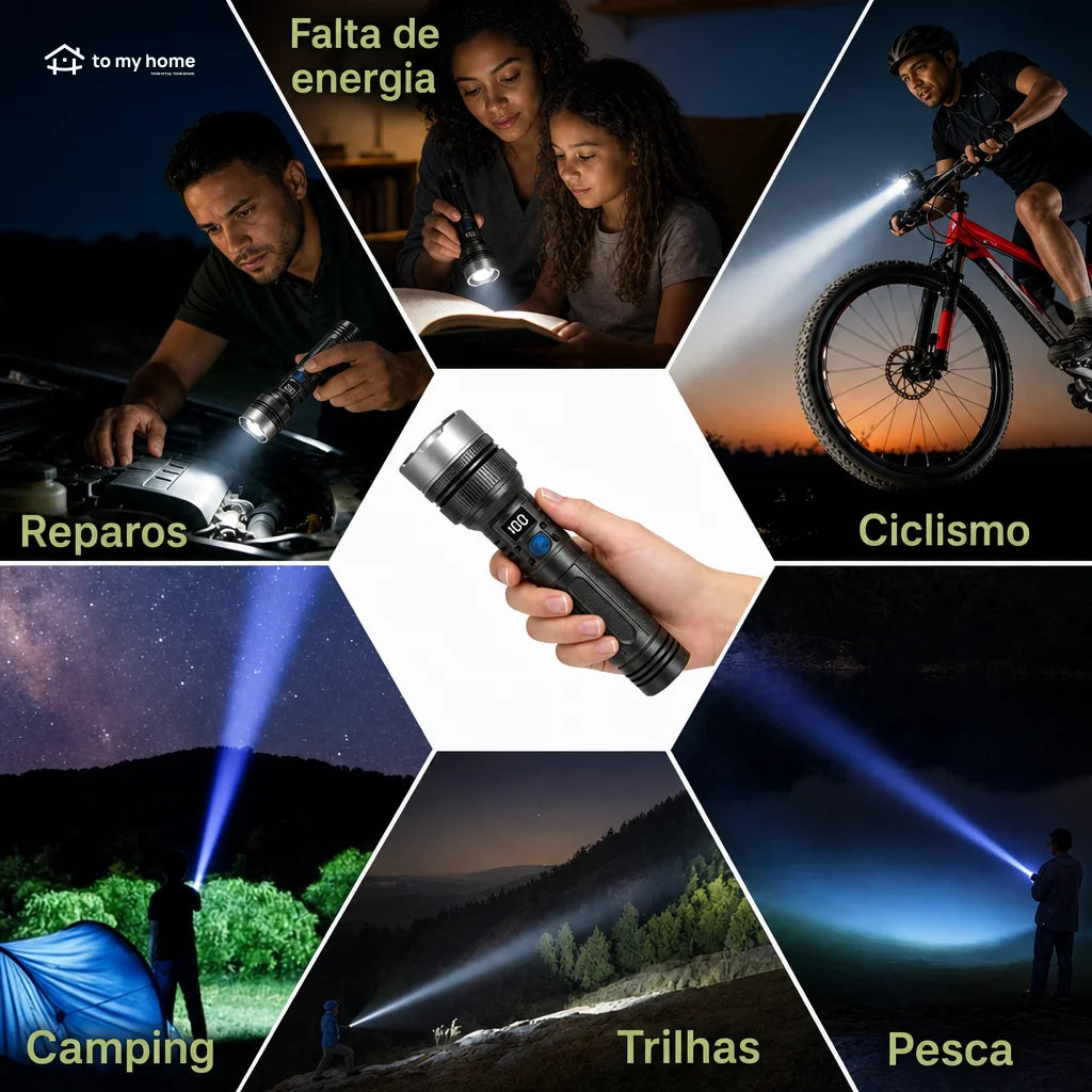 Lanterna LED recarregável 2200 lúmens com power bank, zoom ajustável, visor digital e resistência à água para camping, apagões e emergências