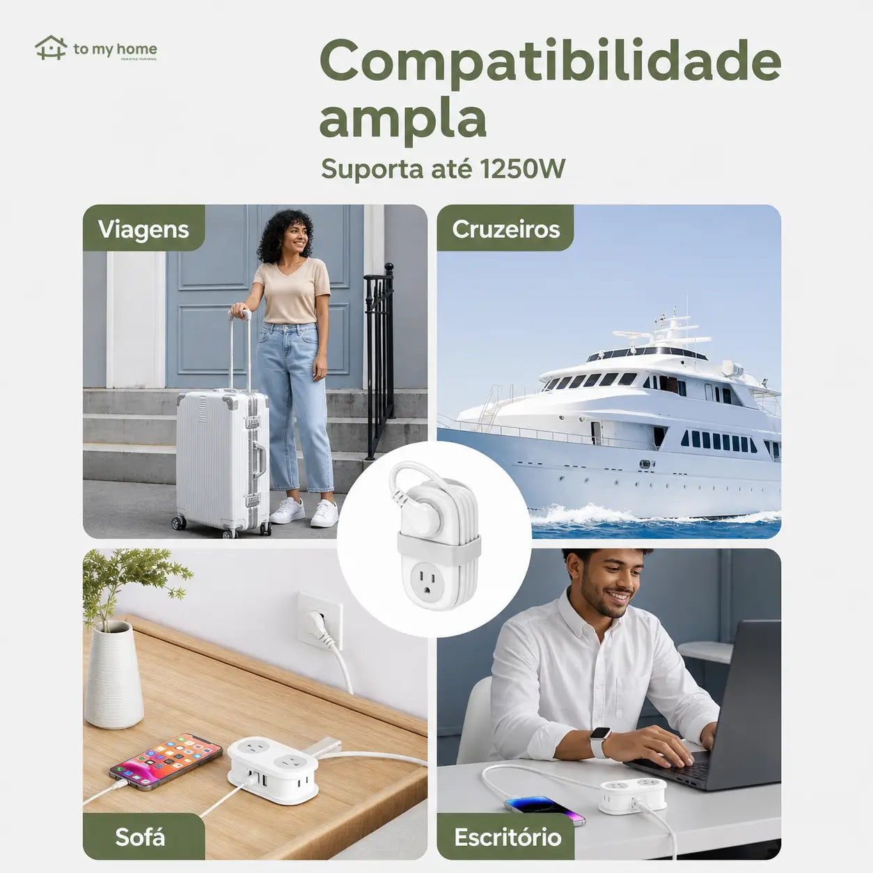 Filtro de linha compacto para viagem com 4 tomadas, USB-C e cabo curto enrolável, ideal para hotel, cruzeiro e mesa de trabalho
