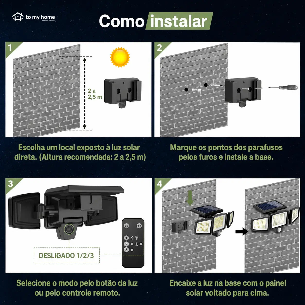 Refletor solar externo 2500LM com 3 cabeças, sensor de movimento e controle remoto para iluminação de segurança no quintal e garagem