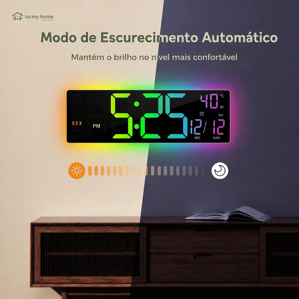 Relógio digital de parede grande com luz RGB, Bluetooth e alarmes duplos para sala, escritório, cozinha e setup gamer