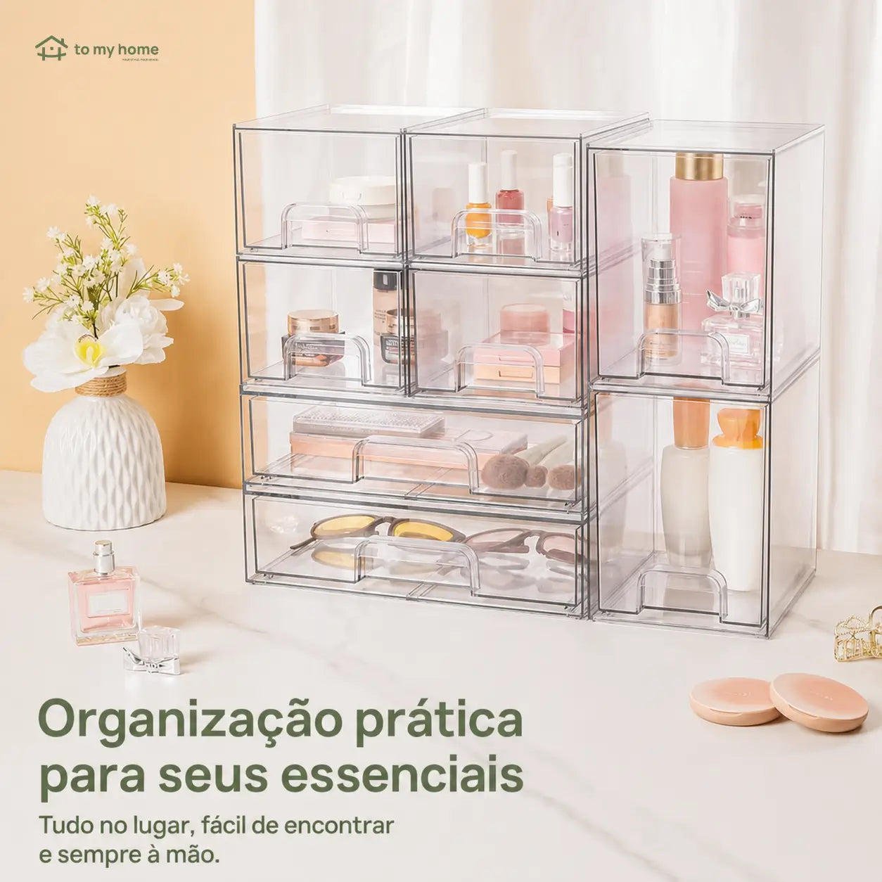 Organizador transparente empilhável com gavetas deslizantes para banheiro, cozinha, escritório e itens de bebê, kit multiuso com 5 ou 8 peças