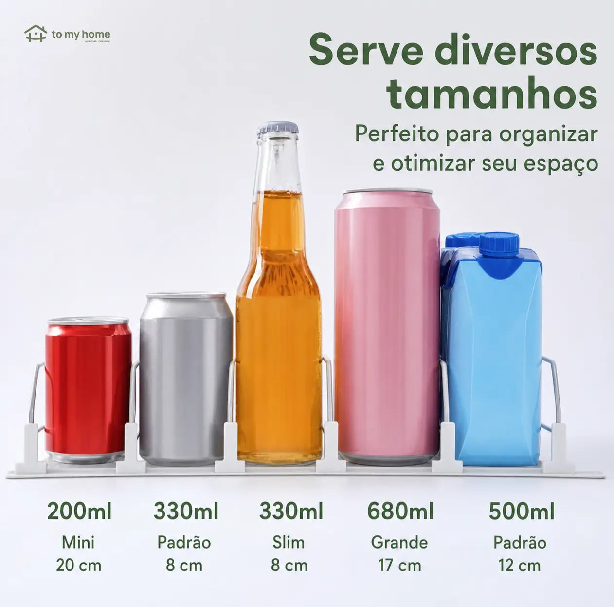 Dispenser de latas para geladeira em plástico reciclado com propulsão automática, organiza refrigerantes e libera espaço nas prateleiras da cozinha diariamente